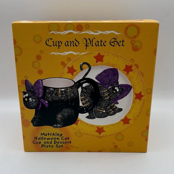 Halloween Matching Black Cat Cup & Dessert Plate Set New Open Box - Picture 1 of 10